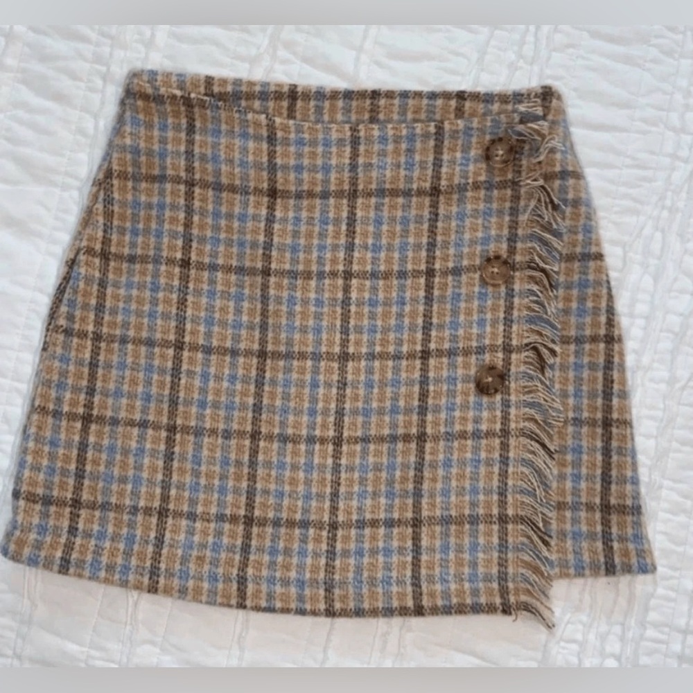 GB Gianni Bini Fall Thanksgiving Brown Tan Plaid blanket fringe Mini Skirt